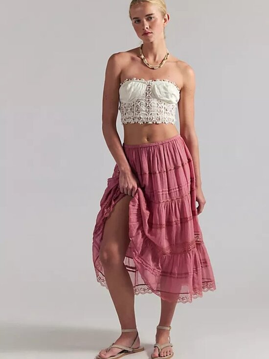 Free People Dresses & Skirts - Free People FP One Lily Lace Midi Skirt Mauve Pull On Elastic M